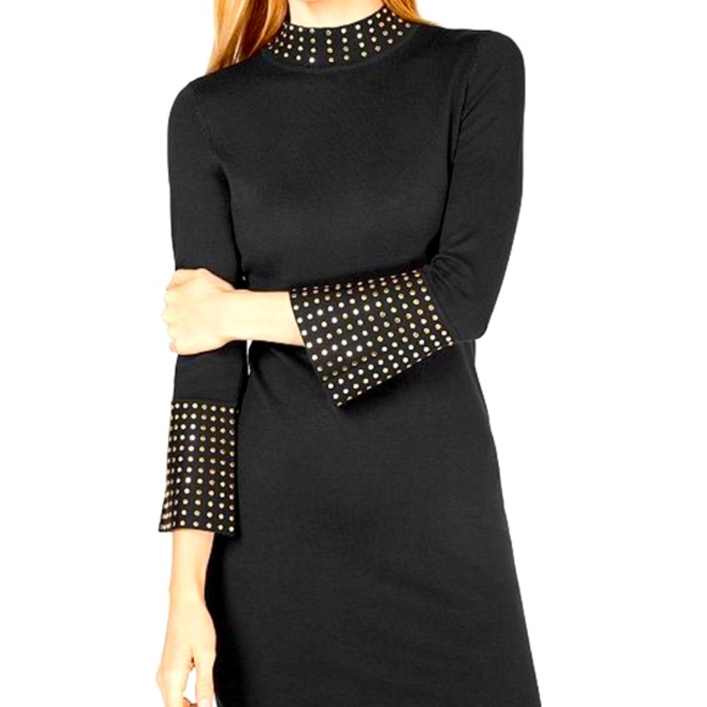 CALVIN KLEIN Gold Studded Sweater Dress in Forest Green